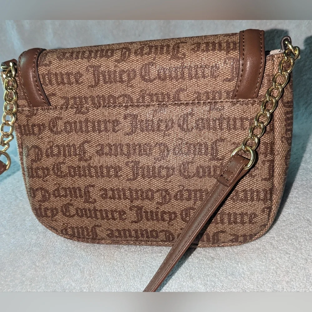 Juicy Couture  Gothic Logo Chestnut Chino statement flap crossbody bag.